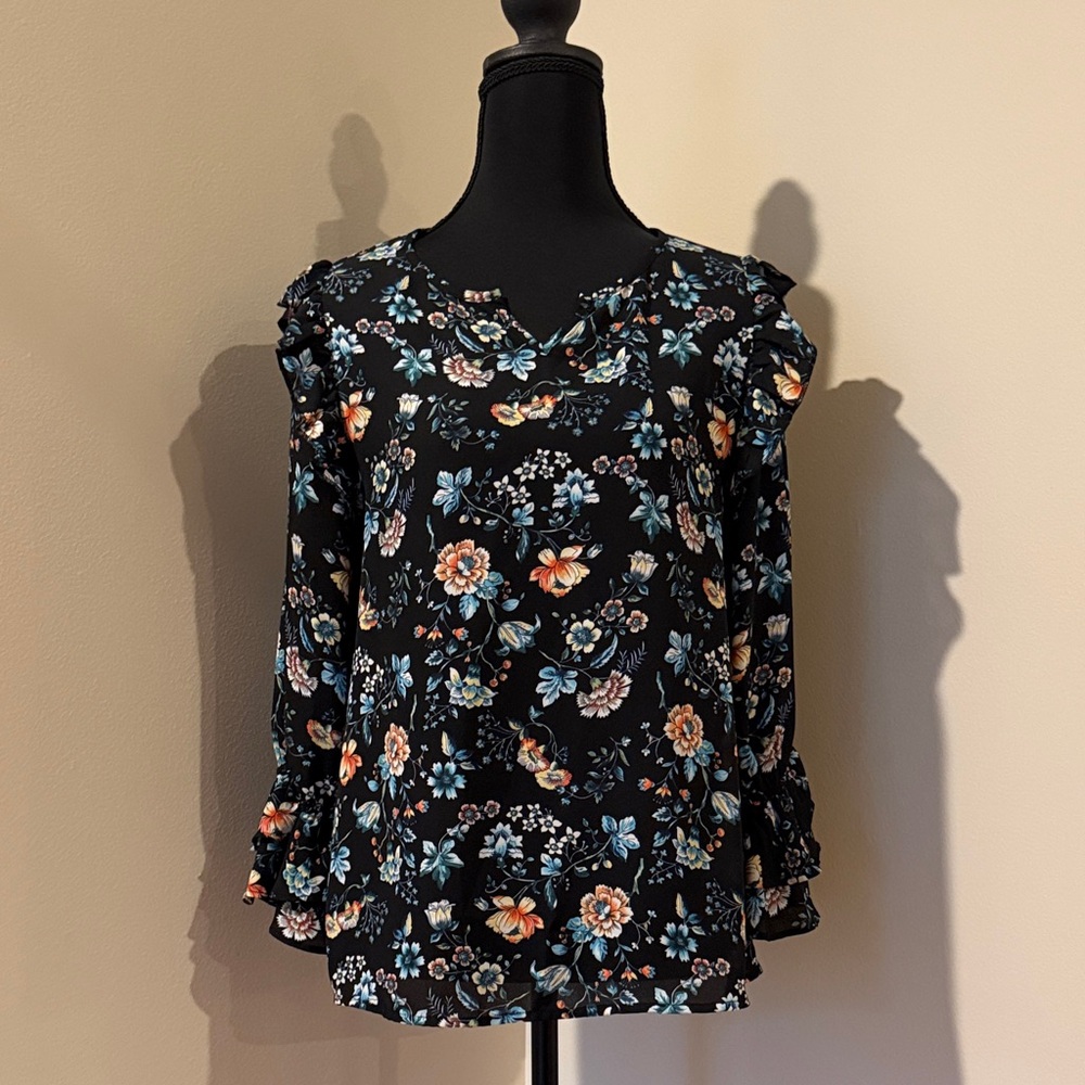 Counterparts Black Blouse with Floral Design